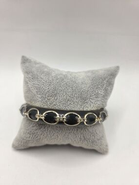 1588. Gold Tone Trim Black Enamel Chain Link Bangle Bracelet